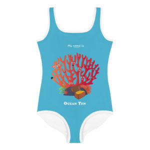 Maillot de bain enfant filles couleur turquoise avec un corail à 10 têtes, les maîtres collectionneurs et cambrioleurs de coffre-forts : les Ocean Ten