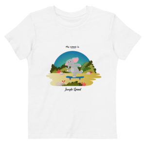 T-shirt enfant en coton bio blanc de la marque My name is avec un éléphant sur un skateboard nommé Jungle Speed car il file plus vite que le vent dans la terrible jungle