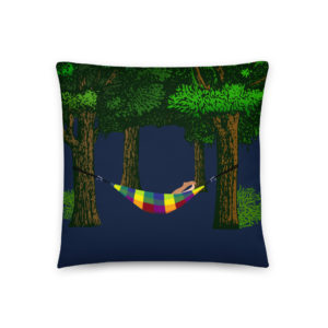 Coussin 3 tailles au choix imprimé à la demande de la marque My name is avec un couple dans un hamac tendu entre les arbres, suel leurs pieds dépassent