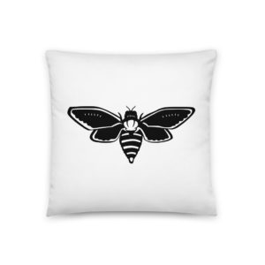 Coussin 3 tailles au choix de la marque My name is avec une face animal totem abeille et une face avec le nom "Logisticien", couleur noir & blanc