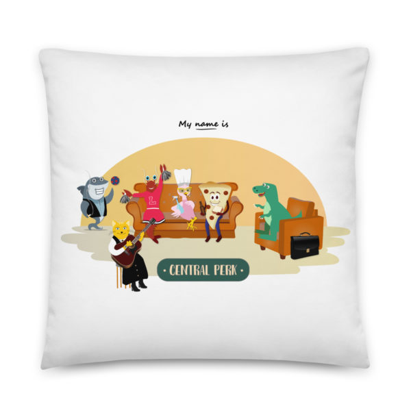 Coussin coloré 3 tailles au choix avec personnages de la série Friends au Central Perk en version animaux : Phoebe chat, Chandler requin, Monica dinde...