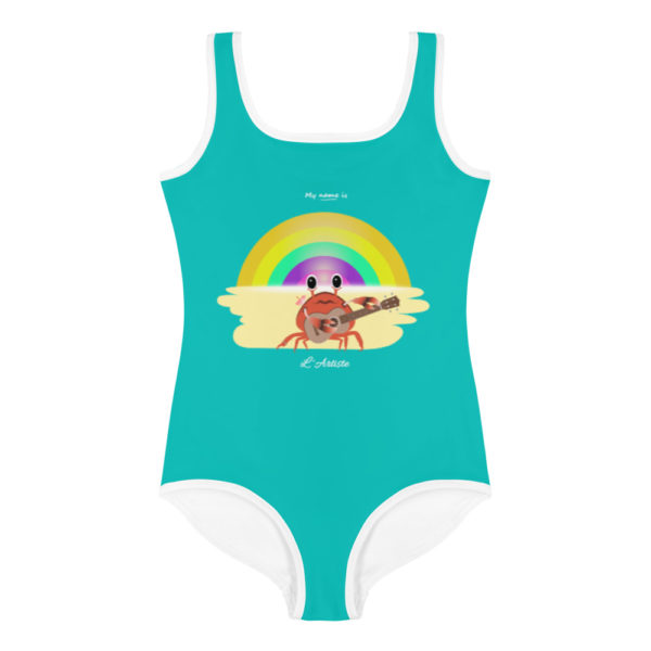 Maillot de bain fille imprimé à la demande "l'Artiste" de couleur bleu turquoise avec un crabe jouant du ukulélé sur la plage