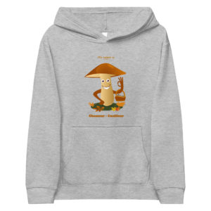 Sweatshirt à capuche enfant de la marque My name is gris chiné avec un champignon heureux, chasseur cueilleur de champignons dans la forêt l'automne avec son panier