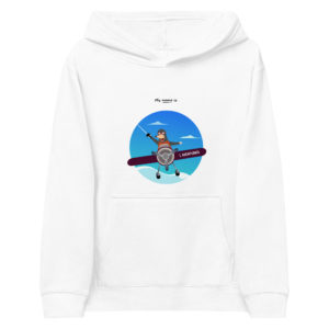 Sweatshirt à capuche enfant blanc de la marque my name is avec une taupe pilotant un avion dans les airs entre les nuages avec une épée prête à mener l'assaut