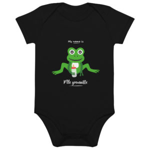 Body bébé en coton bio de couleur noire de la marque grenobloise My name is avec une grenouille toute jeune avec son biberon pour grandir & se transformer en prince charmant