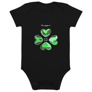 Body bébé en coton bio de couleur noire de la marque My name is avec un trèfle à quatre feuilles vert irlandais en forme de cœur