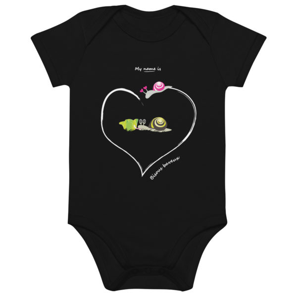 Body bébé en coton bio de couleur noire de la marque My name is avec un escargot faisant une trace de bave en forme de cœur autour d'une salade & d'une escargote