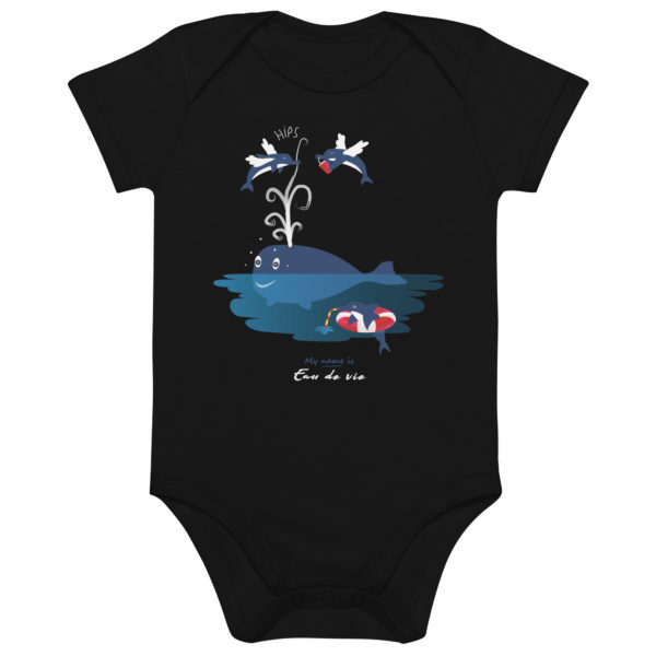 Body bébé en coton bio de couleur noire de la marque grenobloise My name is avec une baleine et des dauphins joyeux ayant bu l'eau de vie de la mer sans modération