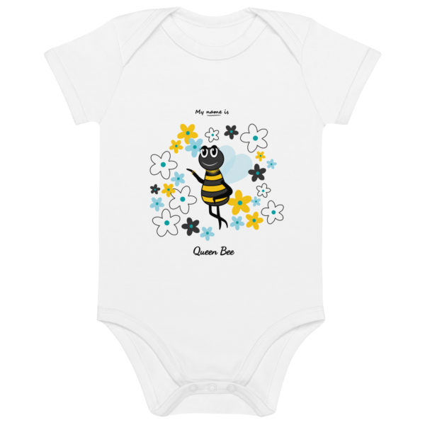 Body bébé en coton bio de couleur blanche de la marque My name is avec une reine des abeilles entourée de fleurs colorées dans une atmosphère printanière