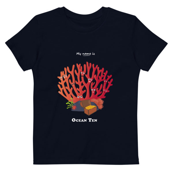 Tshirt enfant en coton bio noir de la marque My name is avec du corail à 10 têtes : les Ocean Ten, voleur cambrioleur des trésors marins dans des coffres