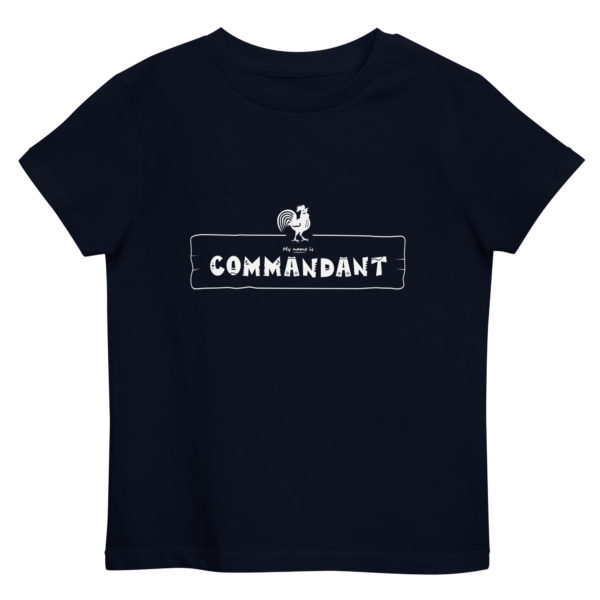 T-shirt enfant en coton bio de couleur bleu marine de la marque My name is pour les personnalités de type "Commandant" avec pour animal totem le coq