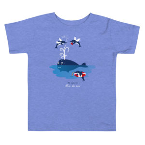 T-shirt bébé de couleur bleu chiné de la marque grenobloise My name is avec une baleine et des dauphins joyeux car ils ont bu l'eau de vie de la mer sans modération !