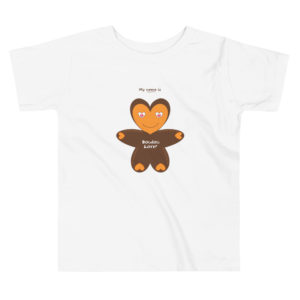 T-shirt bébé de couleur blanche de la marque grenobloise My name is avec un doudou souriant composé de nombreuses formes de cœur