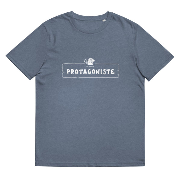 T-shirt homme en coton bio de couleur bleu chiné de la marque My name is pour les personnalités de type "Protagoniste" avec pour animal totem le lion