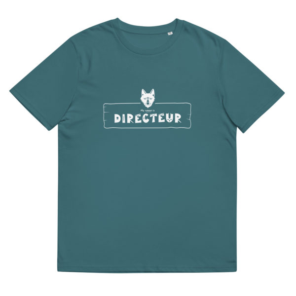 T-shirt homme en coton bio de couleur bleu de la marque My name is pour les personnalités de type "Directeur" avec pour animal totem le loup