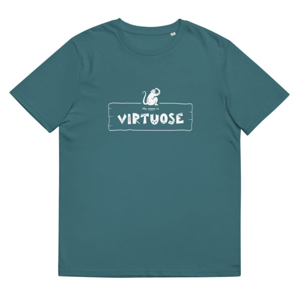 T-shirt homme en coton bio de couleur bleu de la marque My name is pour les personnalités de type "Virtuose" avec pour animal totem le singe