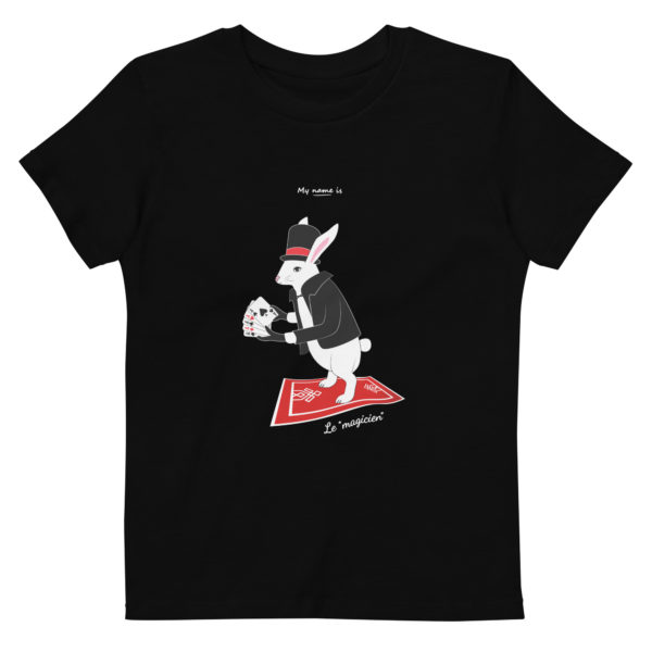 T-shirt enfant en coton bio noir de la marque My name is avec un lapin blanc tenant 5 as dans sa main car c'est un magicien un peu fripouille faisant des tours de magie